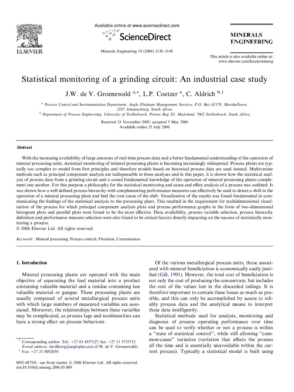 Statistical monitoring of a grinding circuit: An industrial case study