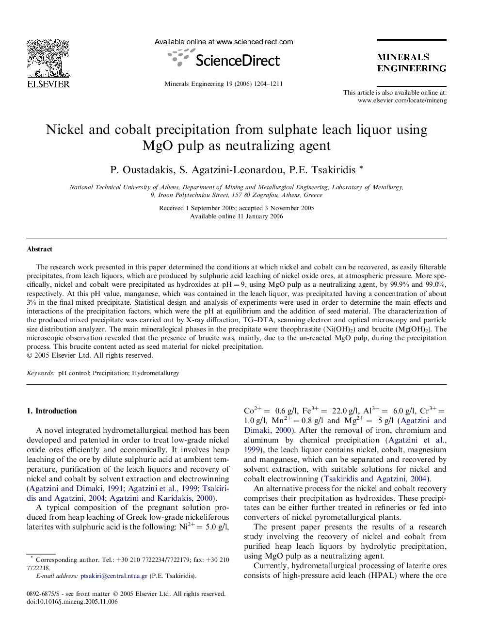 Nickel and cobalt precipitation from sulphate leach liquor using MgO pulp as neutralizing agent