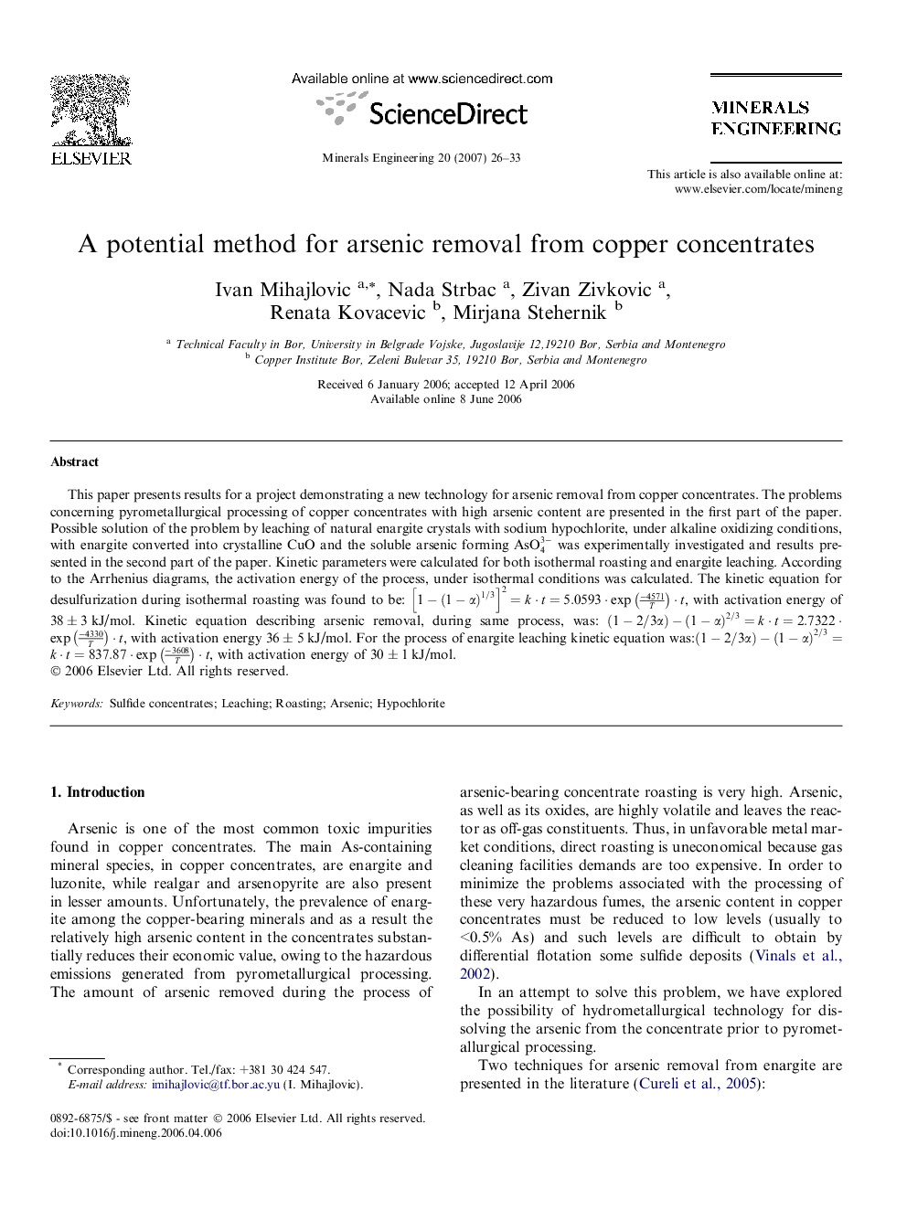 A potential method for arsenic removal from copper concentrates