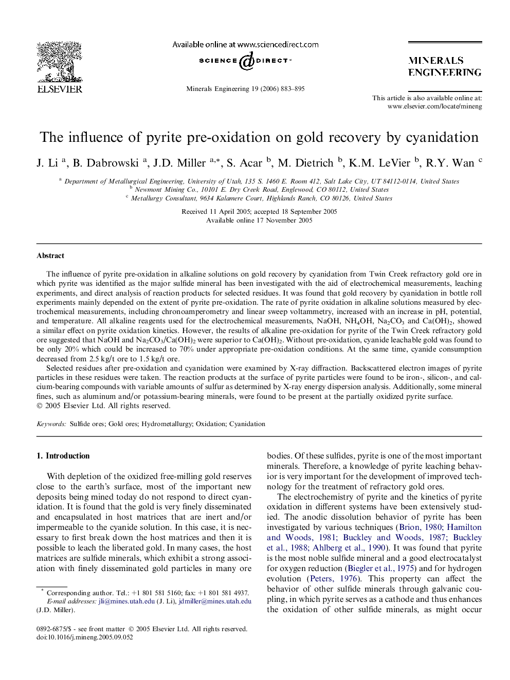 The influence of pyrite pre-oxidation on gold recovery by cyanidation