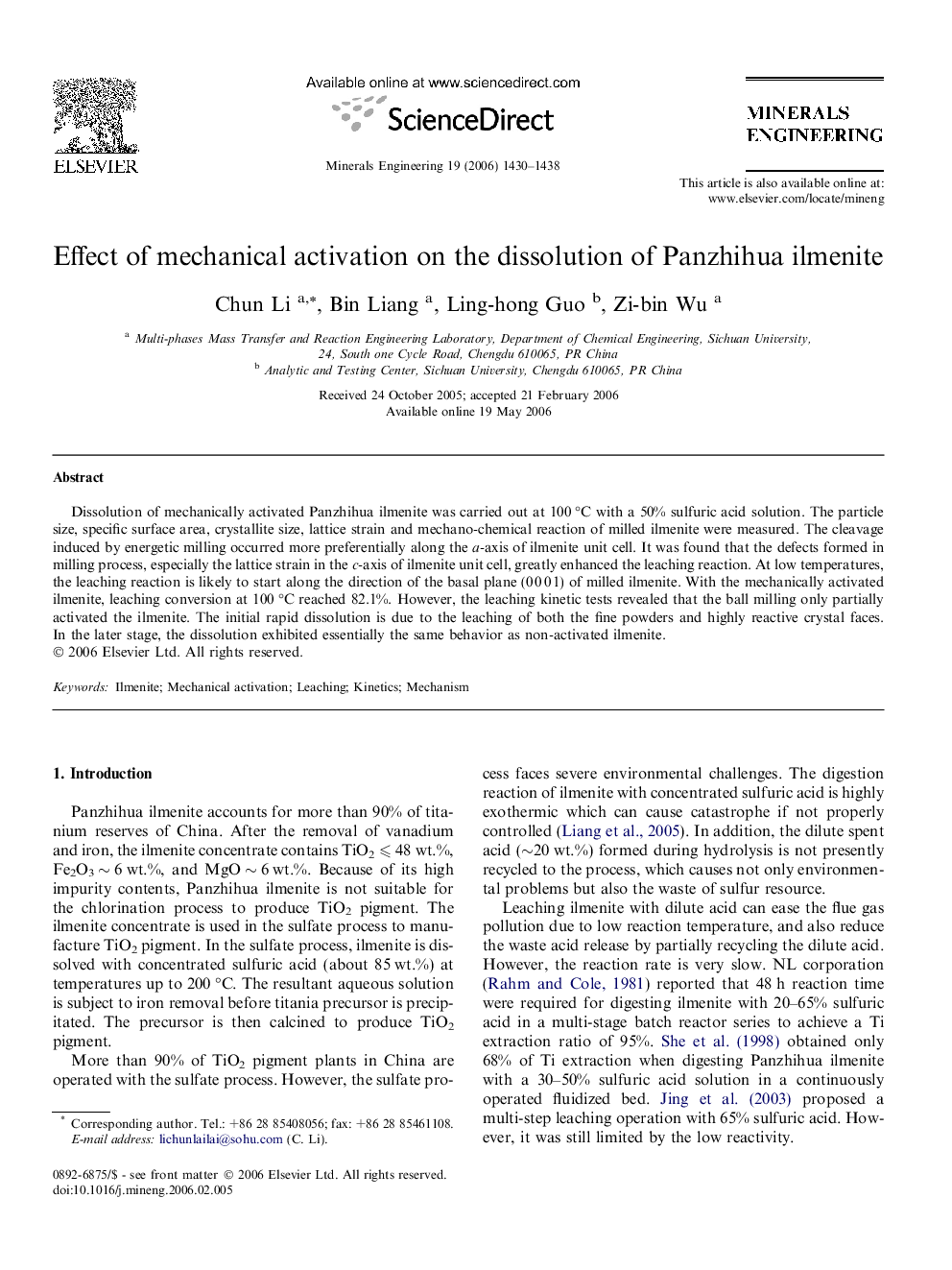 Effect of mechanical activation on the dissolution of Panzhihua ilmenite