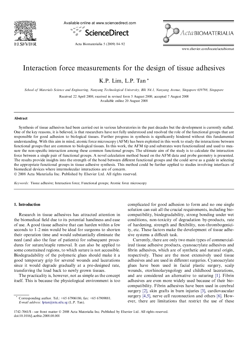 Interaction force measurements for the design of tissue adhesives