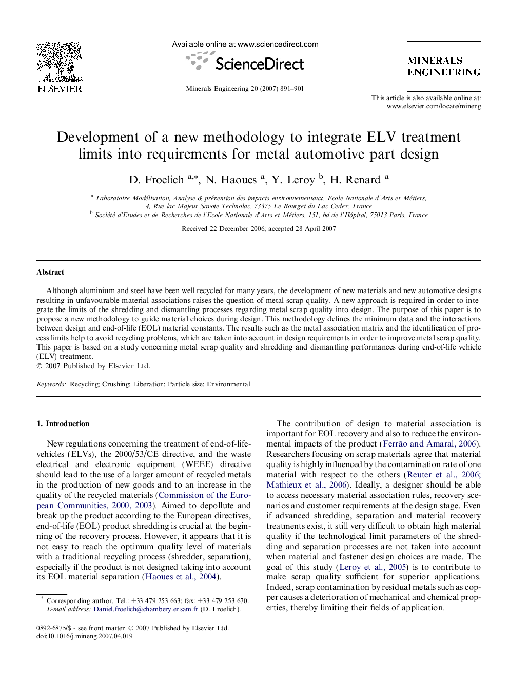 Development of a new methodology to integrate ELV treatment limits into requirements for metal automotive part design