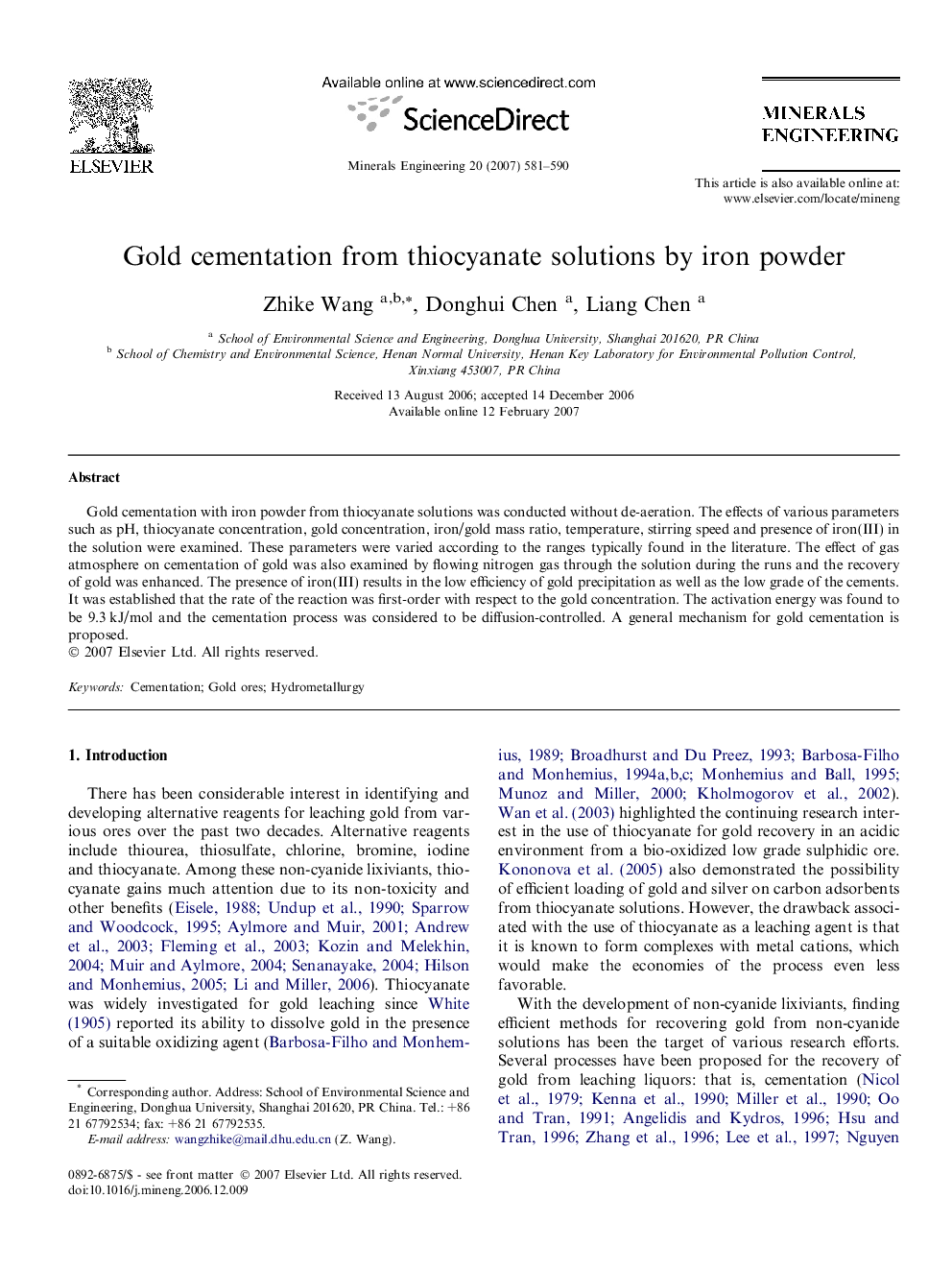 Gold cementation from thiocyanate solutions by iron powder