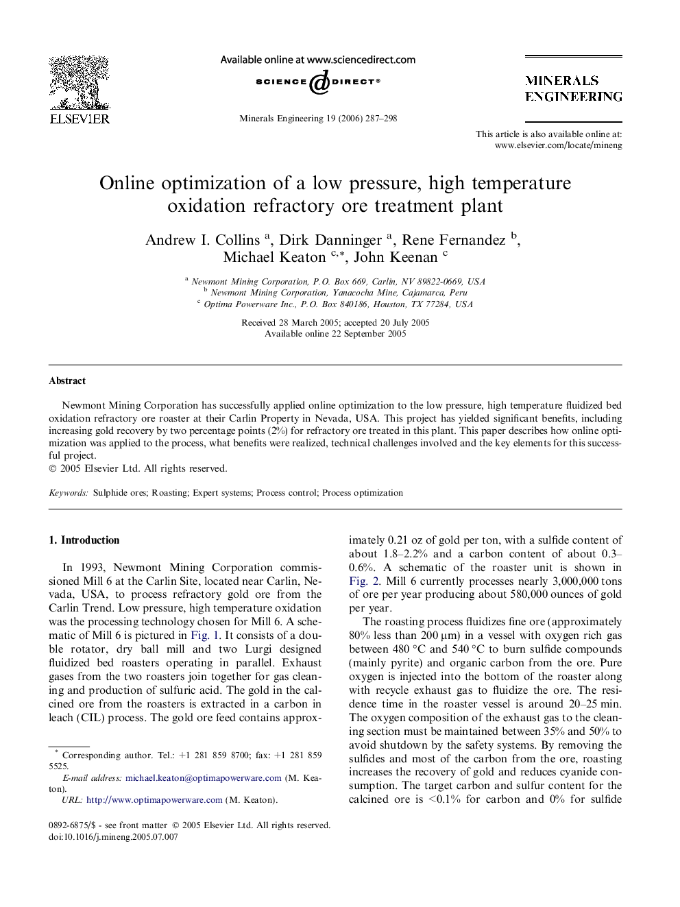 Online optimization of a low pressure, high temperature oxidation refractory ore treatment plant