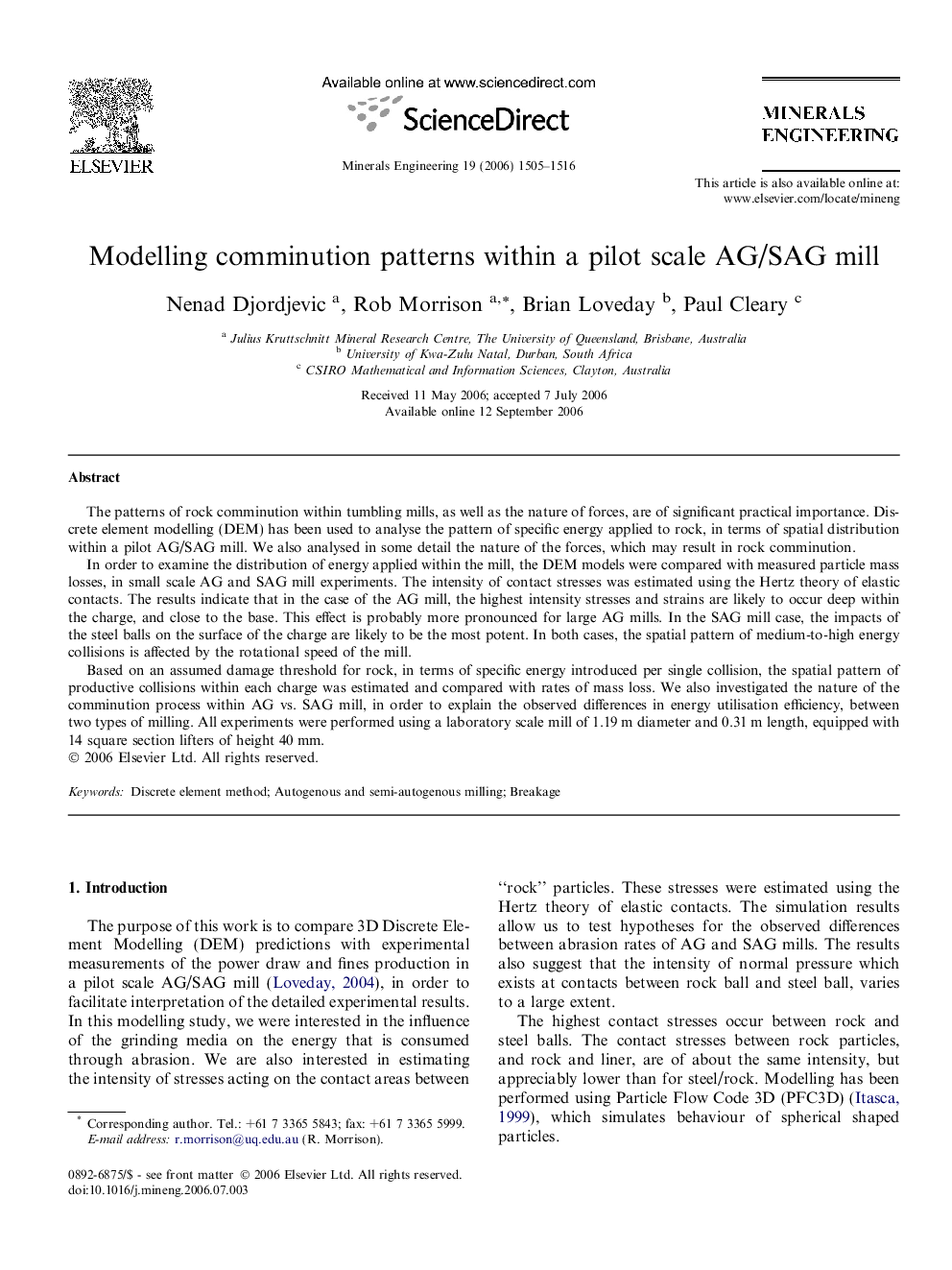 Modelling comminution patterns within a pilot scale AG/SAG mill