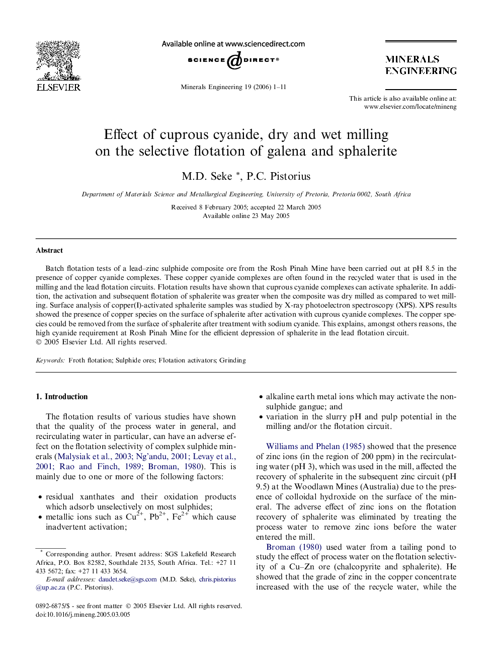 Effect of cuprous cyanide, dry and wet milling on the selective flotation of galena and sphalerite