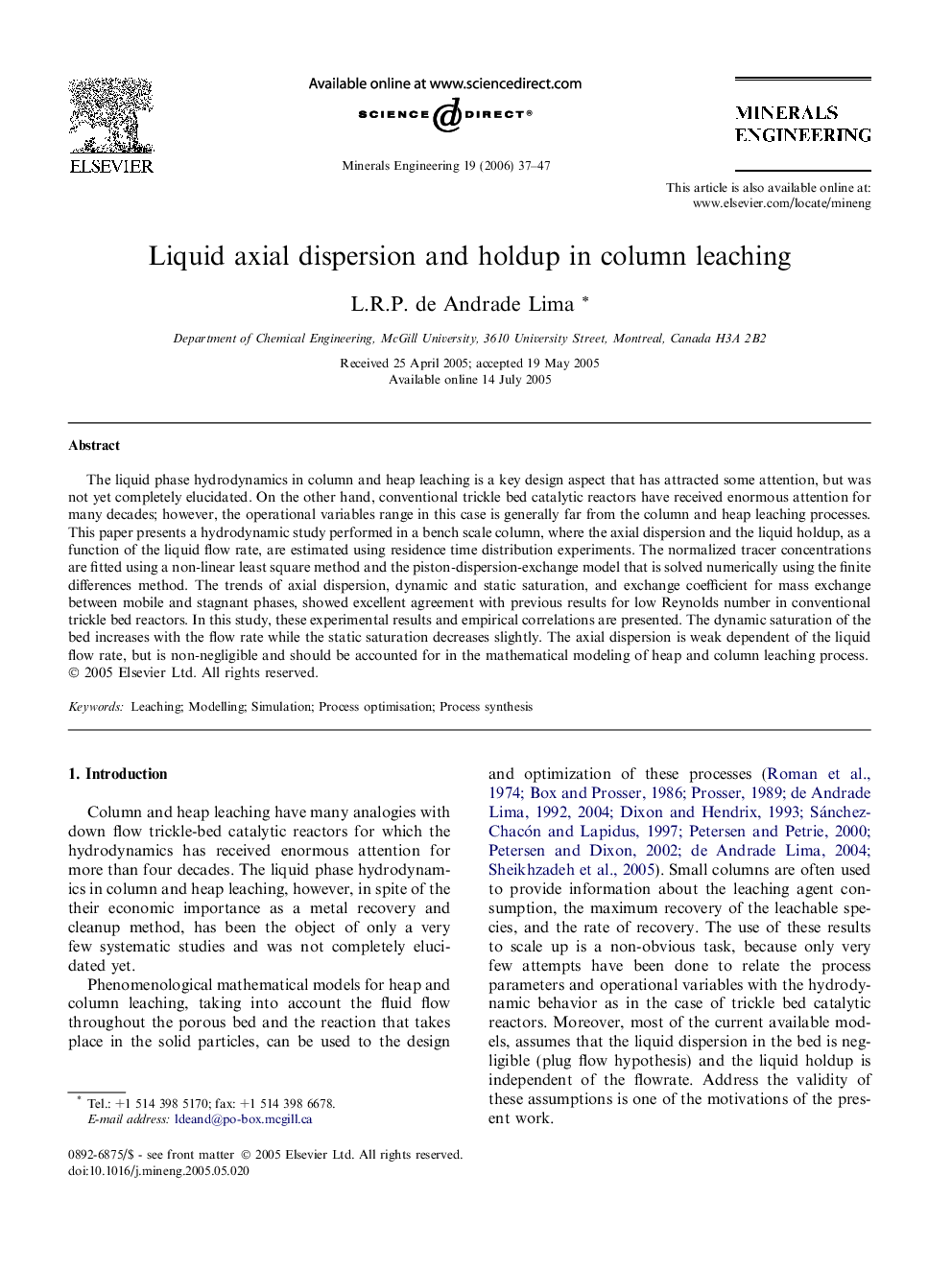 Liquid axial dispersion and holdup in column leaching