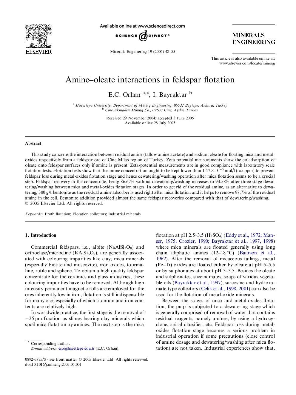 Amine–oleate interactions in feldspar flotation