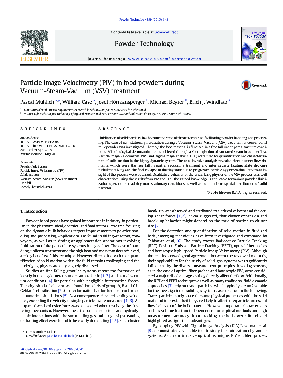 Particle Image Velocimetry (PIV) in food powders during Vacuum-Steam-Vacuum (VSV) treatment