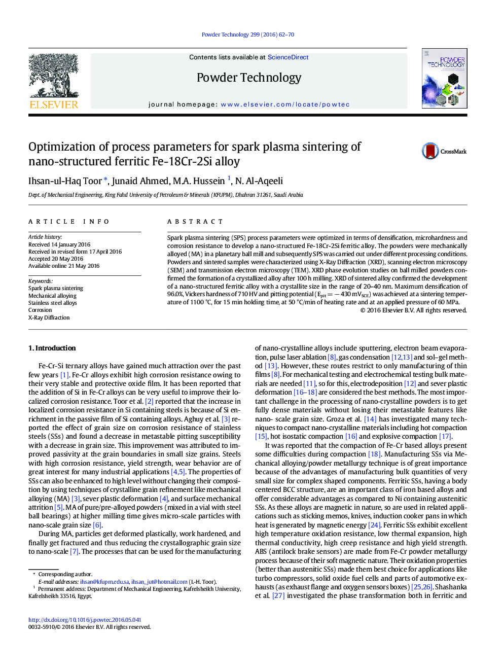 Optimization of process parameters for spark plasma sintering of nano-structured ferritic Fe-18Cr-2Si alloy