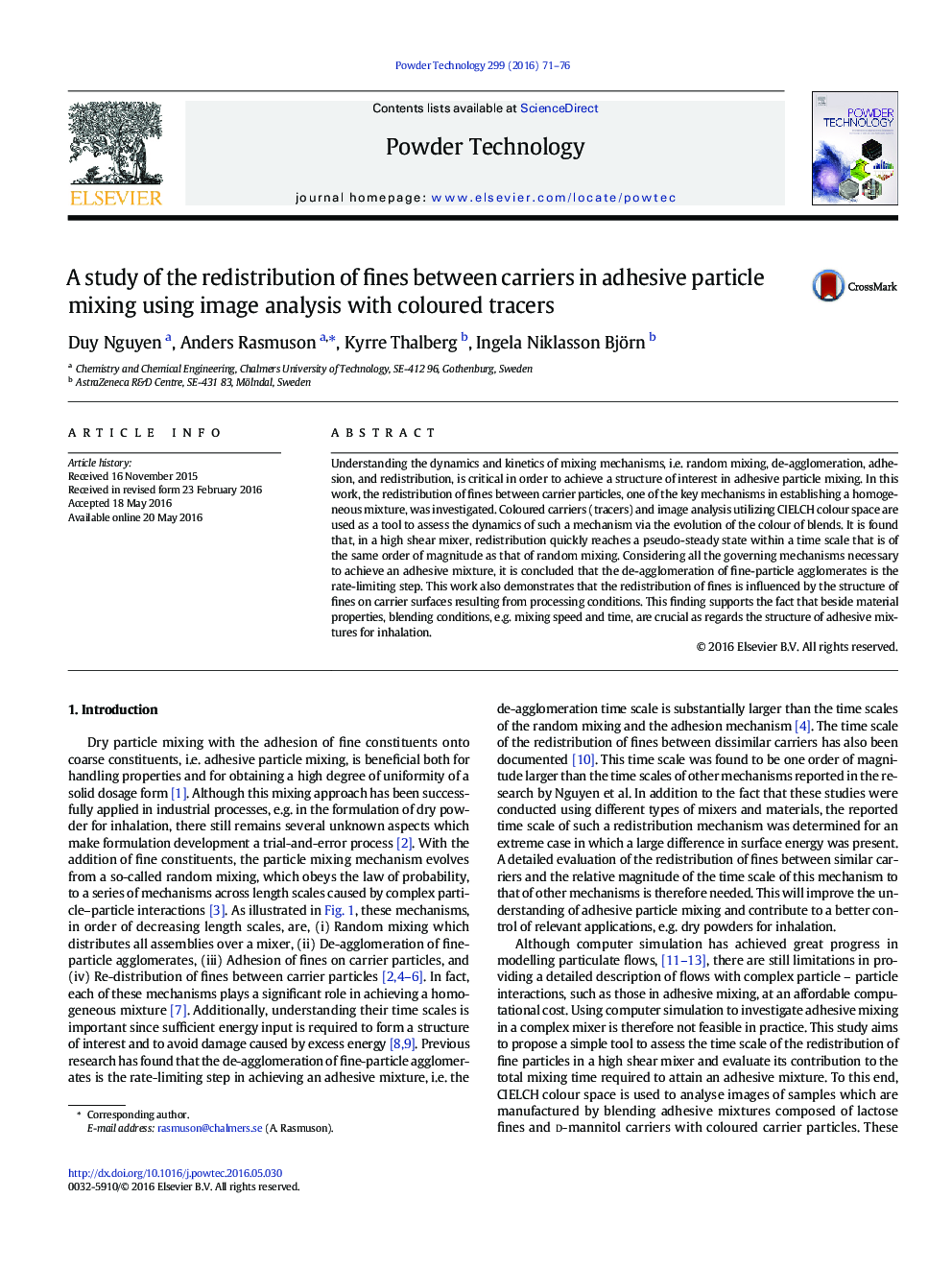 A study of the redistribution of fines between carriers in adhesive particle mixing using image analysis with coloured tracers