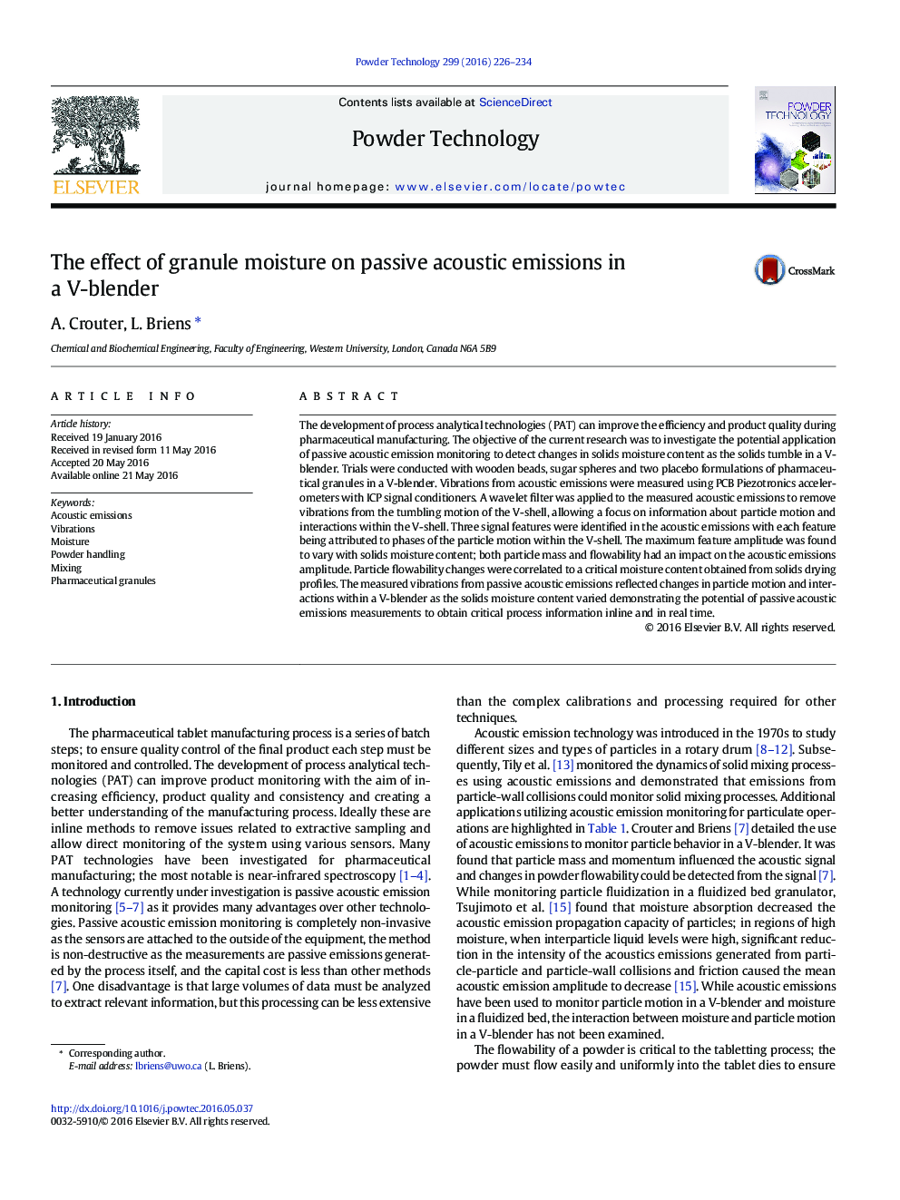 The effect of granule moisture on passive acoustic emissions in a V-blender