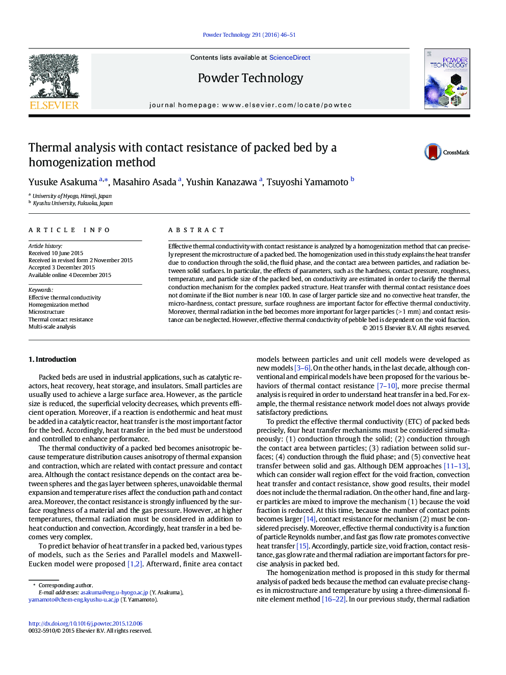 Thermal analysis with contact resistance of packed bed by a homogenization method