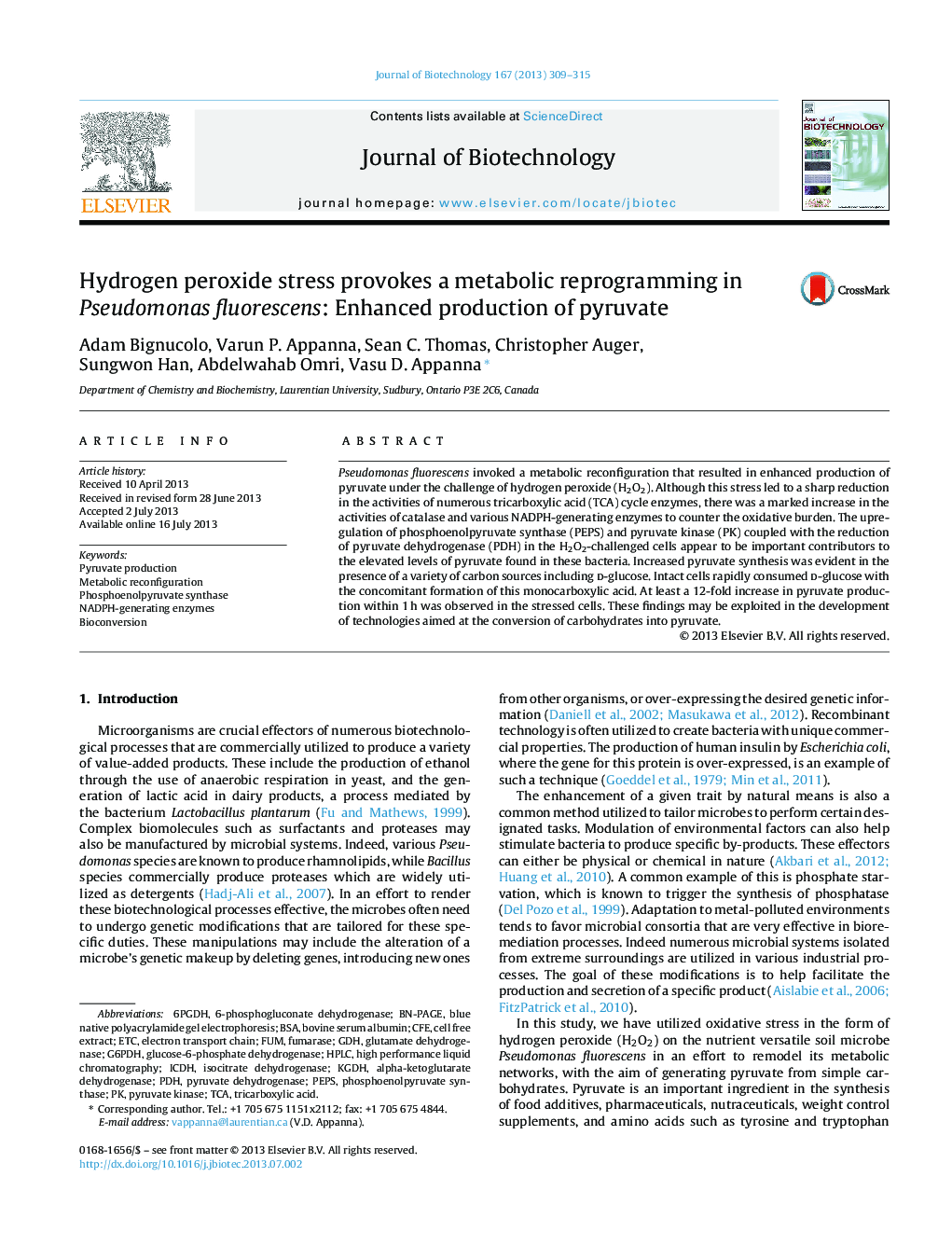 Hydrogen peroxide stress provokes a metabolic reprogramming in Pseudomonas fluorescens: Enhanced production of pyruvate