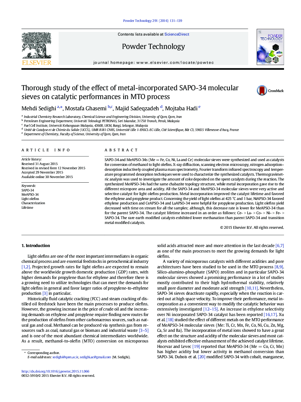 Thorough study of the effect of metal-incorporated SAPO-34 molecular sieves on catalytic performances in MTO process