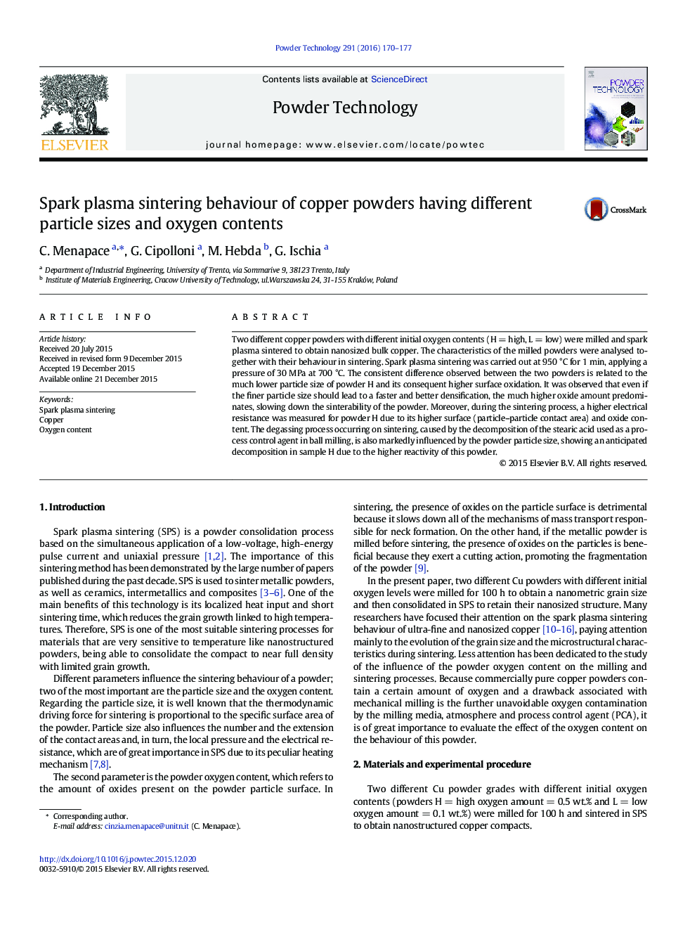 Spark plasma sintering behaviour of copper powders having different particle sizes and oxygen contents