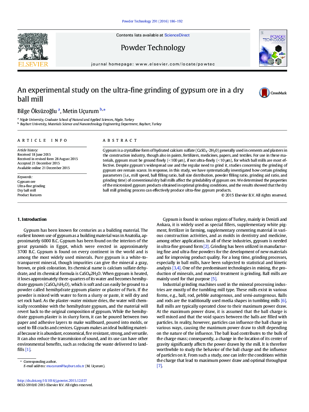 An experimental study on the ultra-fine grinding of gypsum ore in a dry ball mill