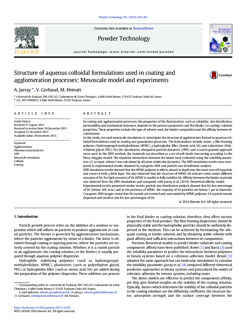 Structure of aqueous colloidal formulations used in coating and agglomeration processes: Mesoscale model and experiments