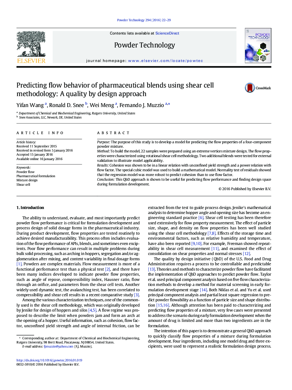 Predicting flow behavior of pharmaceutical blends using shear cell methodology: A quality by design approach