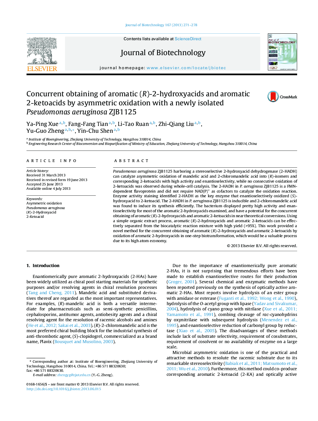 Concurrent obtaining of aromatic (R)-2-hydroxyacids and aromatic 2-ketoacids by asymmetric oxidation with a newly isolated Pseudomonas aeruginosa ZJB1125