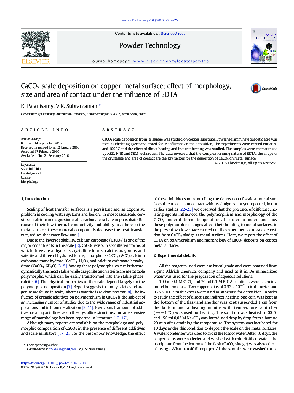 CaCO3 scale deposition on copper metal surface; effect of morphology, size and area of contact under the influence of EDTA