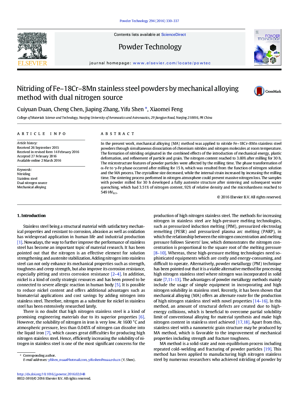 Nitriding of Fe–18Cr–8Mn stainless steel powders by mechanical alloying method with dual nitrogen source