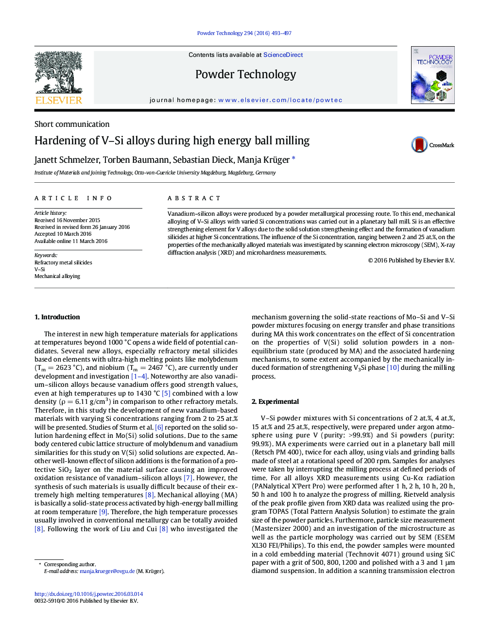 Hardening of V–Si alloys during high energy ball milling