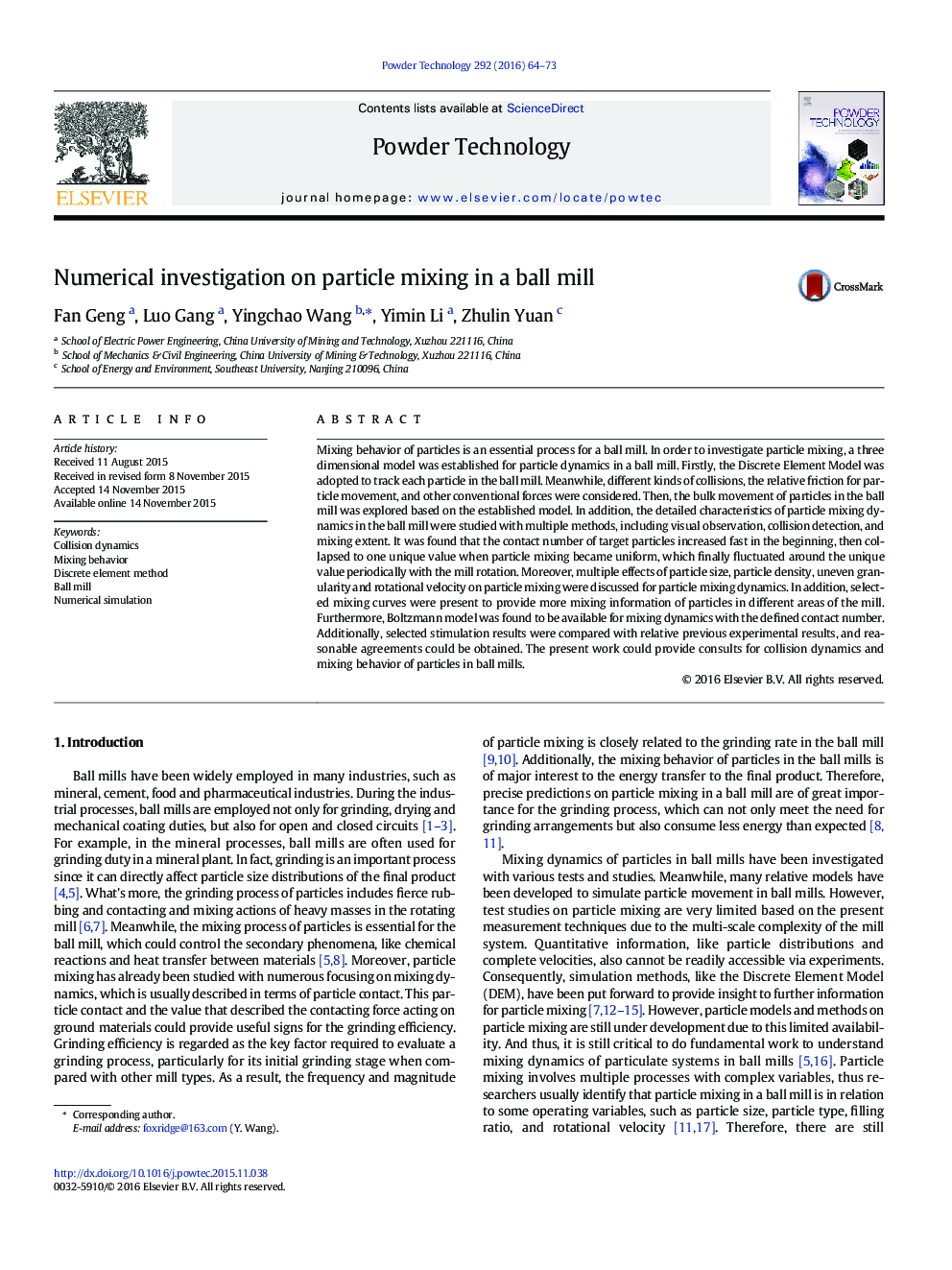 Numerical investigation on particle mixing in a ball mill