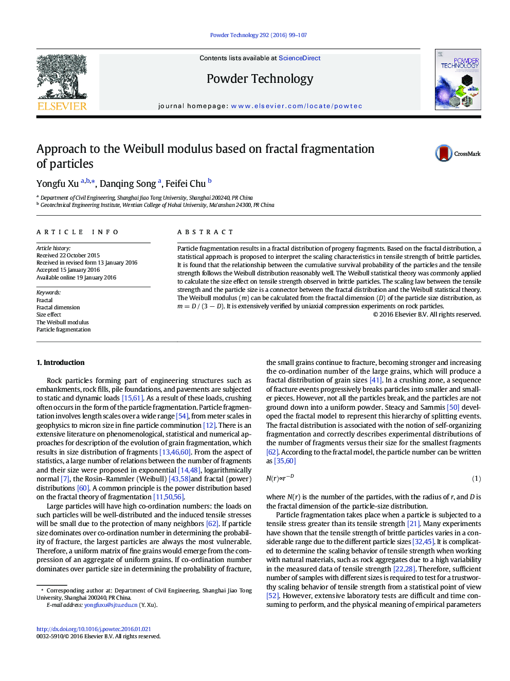 Approach to the Weibull modulus based on fractal fragmentation of particles