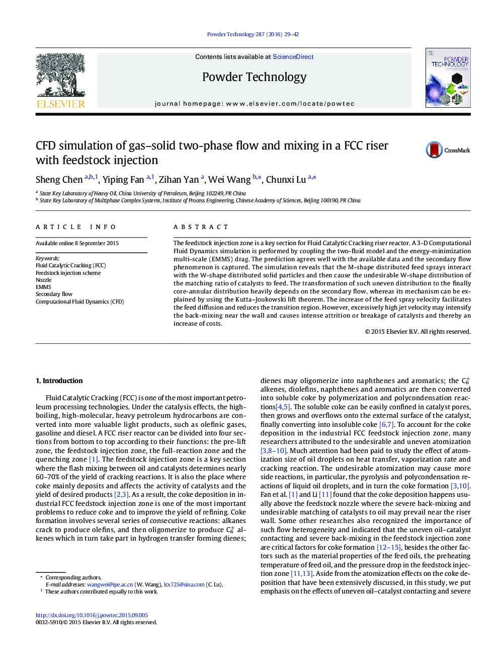 CFD simulation of gas–solid two-phase flow and mixing in a FCC riser with feedstock injection