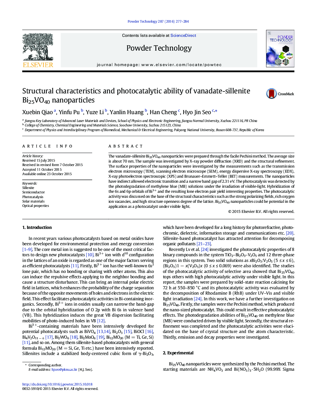 Structural characteristics and photocatalytic ability of vanadate-sillenite Bi25VO40 nanoparticles