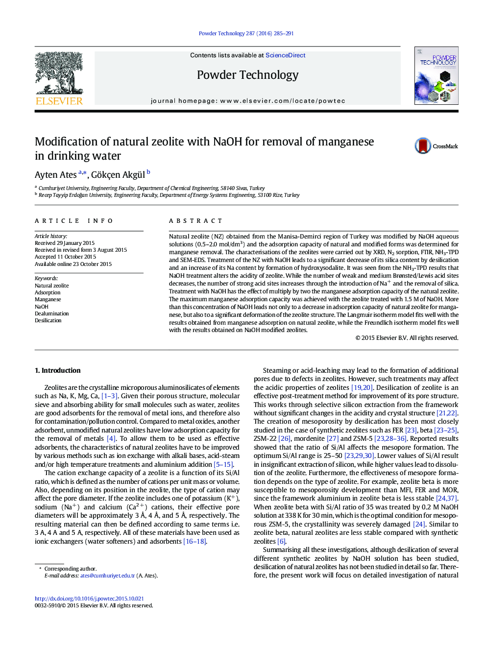 Modification of natural zeolite with NaOH for removal of manganese in drinking water