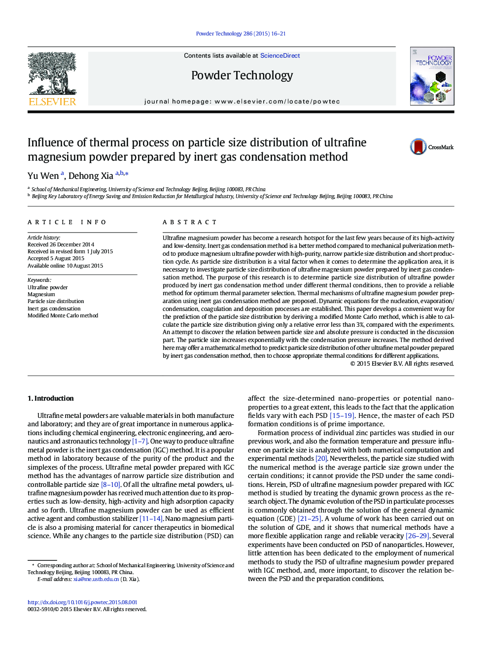 Influence of thermal process on particle size distribution of ultrafine magnesium powder prepared by inert gas condensation method