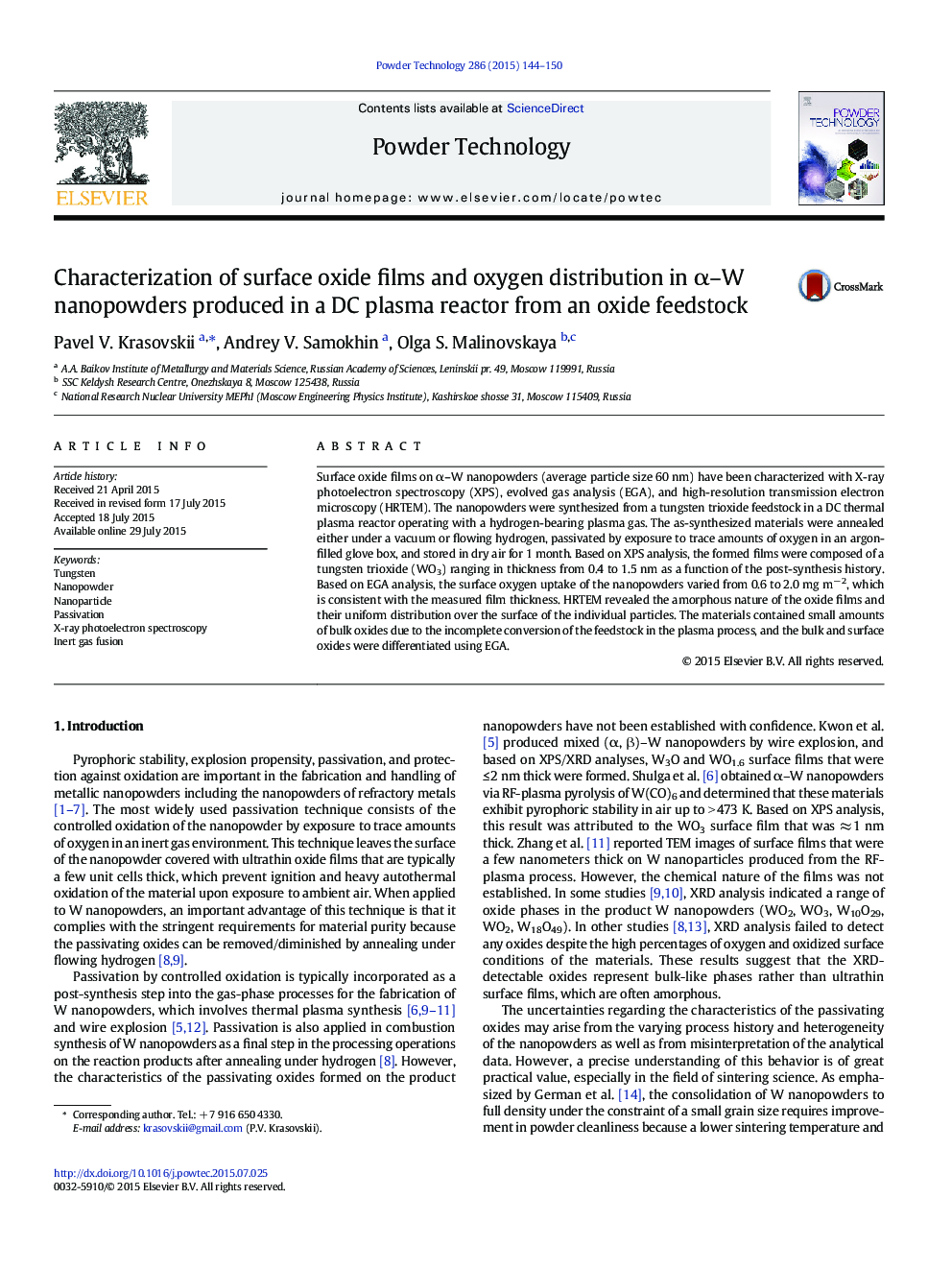 عکس صفحه اول مقاله: Characterization of surface oxide films and oxygen distribution in α–W nanopowders produced in a DC plasma reactor from an oxide feedstock Characterization of surface oxide films and oxygen distribution in α–W nanopowders produced in a DC plasma reactor from an oxide feedstock