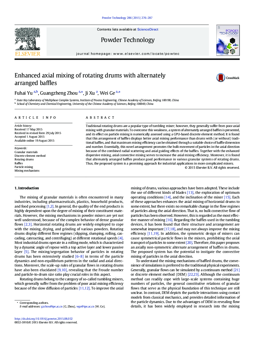 Enhanced axial mixing of rotating drums with alternately arranged baffles