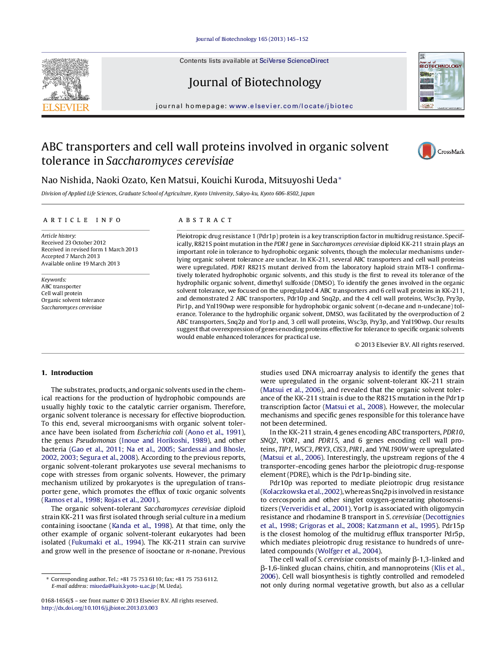 ABC transporters and cell wall proteins involved in organic solvent tolerance in Saccharomyces cerevisiae