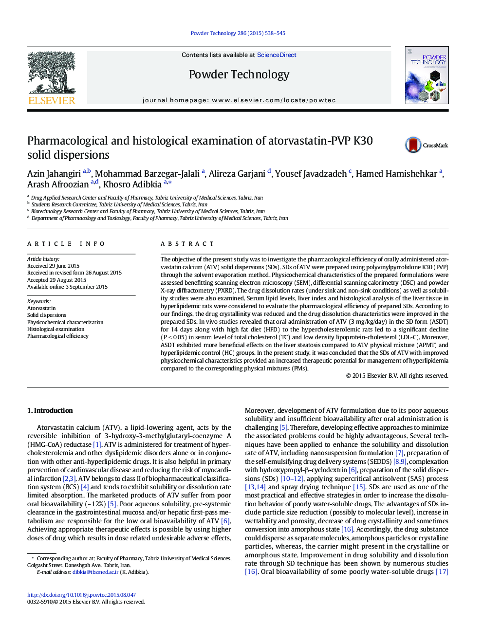 Pharmacological and histological examination of atorvastatin-PVP K30 solid dispersions