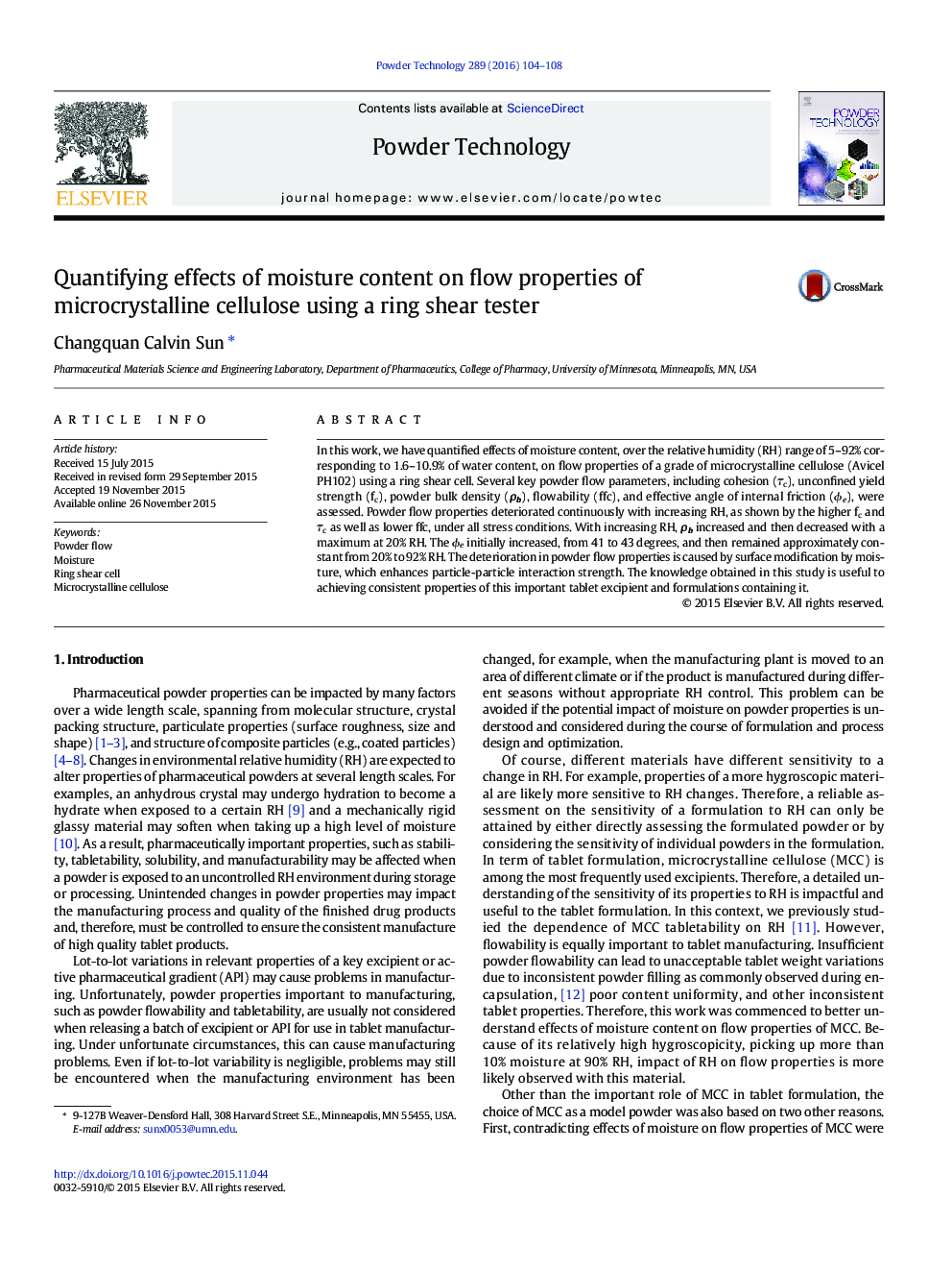 Quantifying effects of moisture content on flow properties of microcrystalline cellulose using a ring shear tester