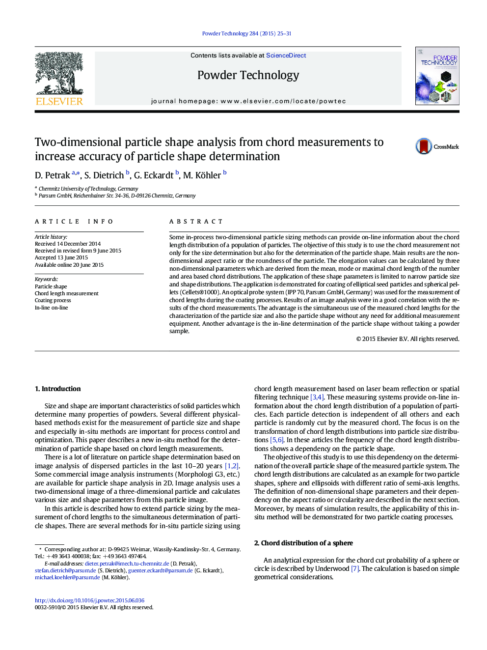 Two-dimensional particle shape analysis from chord measurements to increase accuracy of particle shape determination