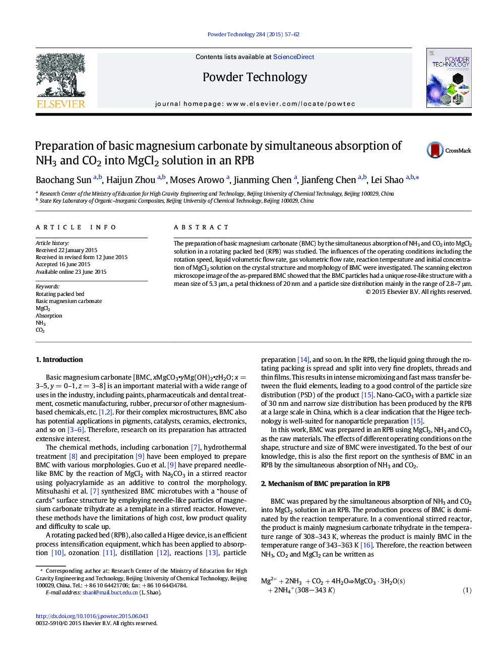 Preparation of basic magnesium carbonate by simultaneous absorption of NH3 and CO2 into MgCl2 solution in an RPB