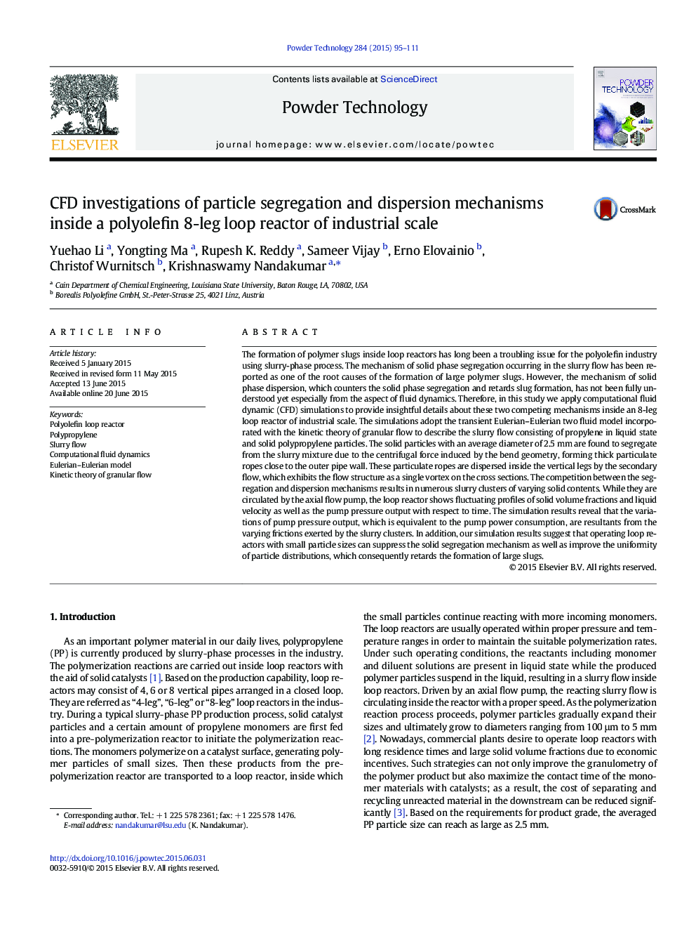 CFD investigations of particle segregation and dispersion mechanisms inside a polyolefin 8-leg loop reactor of industrial scale