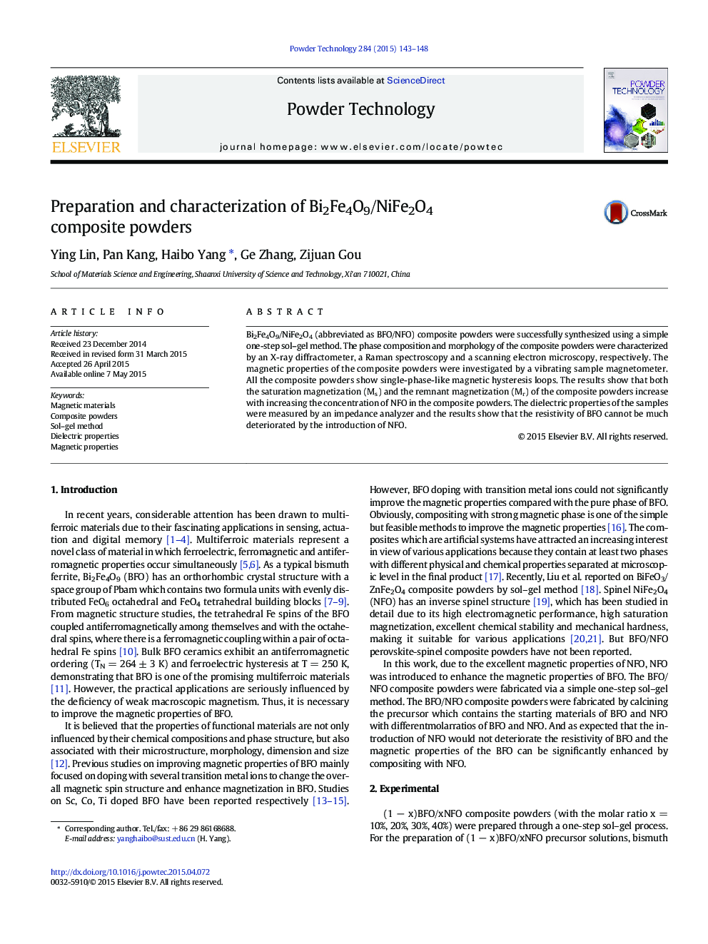 Preparation and characterization of Bi2Fe4O9/NiFe2O4 composite powders