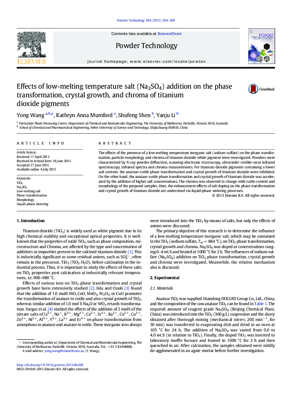 Effects of low-melting temperature salt (Na2SO4) addition on the phase transformation, crystal growth, and chroma of titanium dioxide pigments