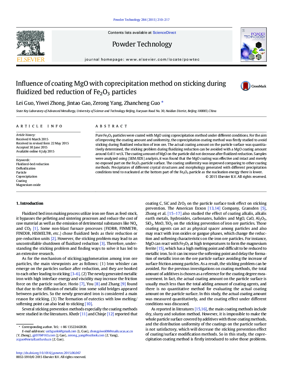 Influence of coating MgO with coprecipitation method on sticking during fluidized bed reduction of Fe2O3 particles