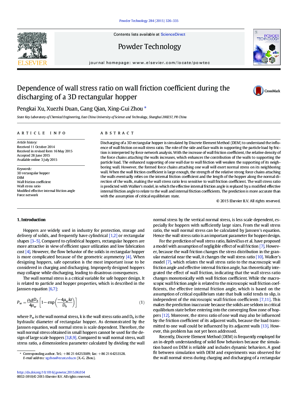 Dependence of wall stress ratio on wall friction coefficient during the discharging of a 3D rectangular hopper