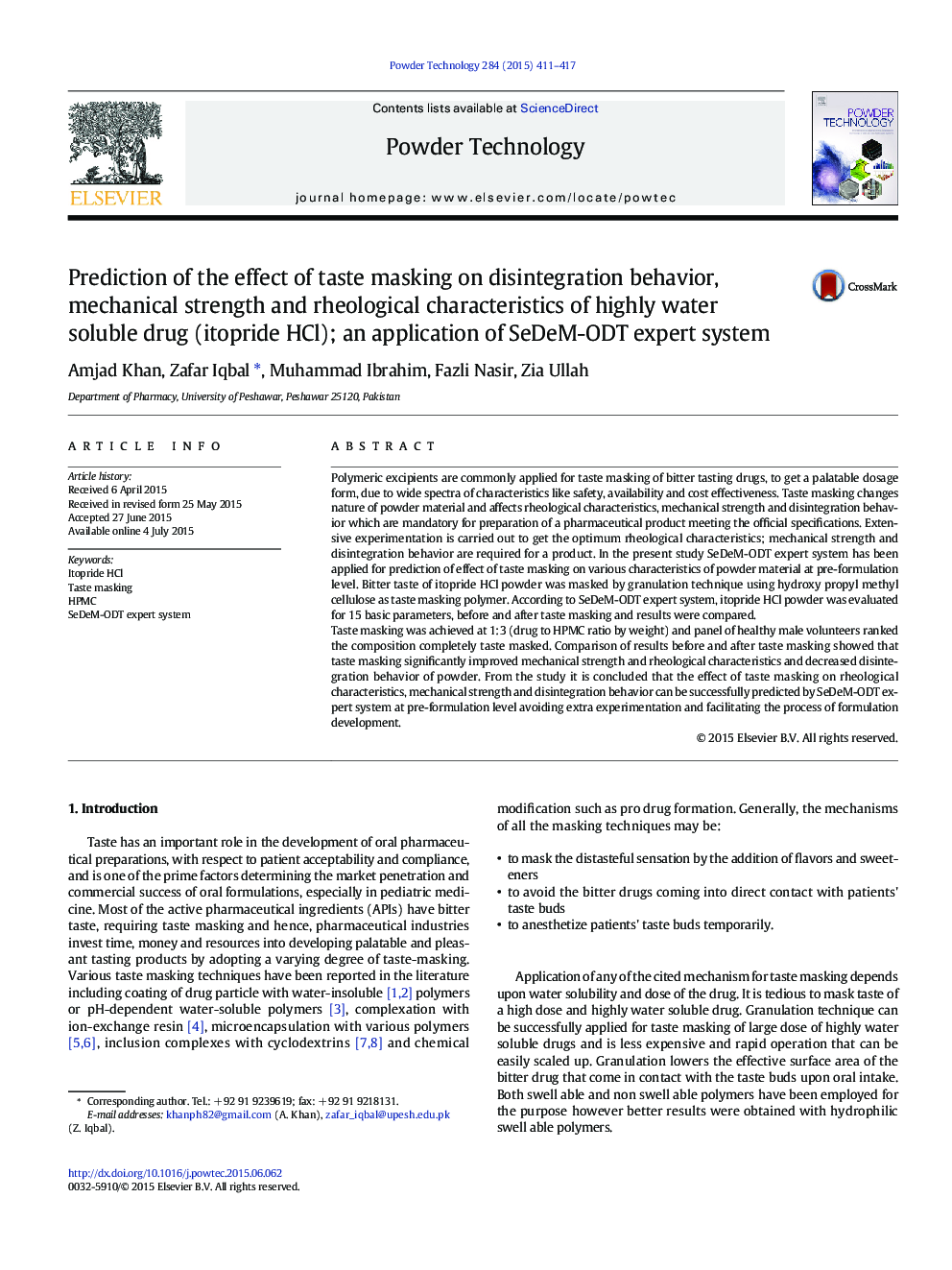 Prediction of the effect of taste masking on disintegration behavior, mechanical strength and rheological characteristics of highly water soluble drug (itopride HCl); an application of SeDeM-ODT expert system