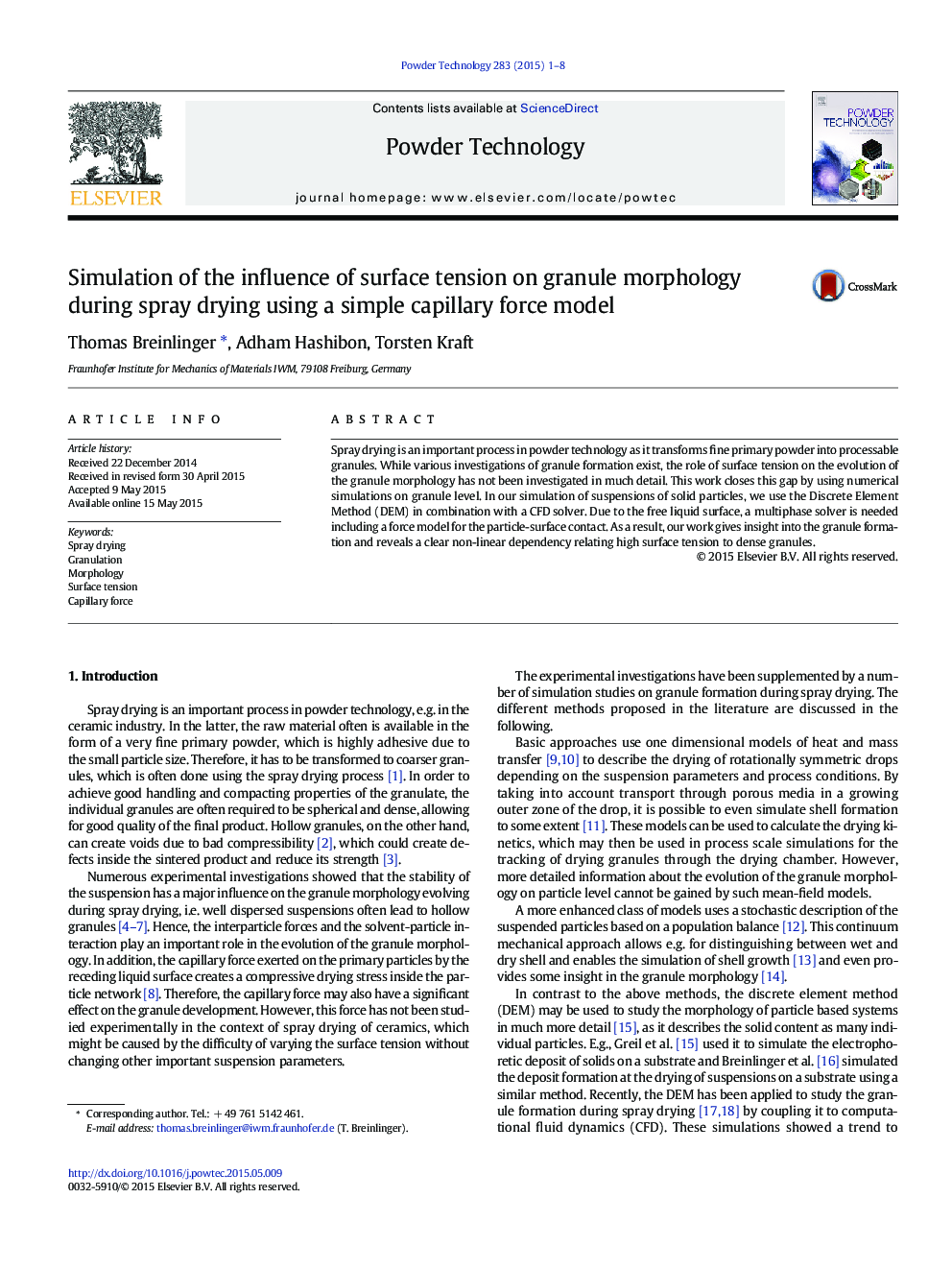 Simulation of the influence of surface tension on granule morphology during spray drying using a simple capillary force model