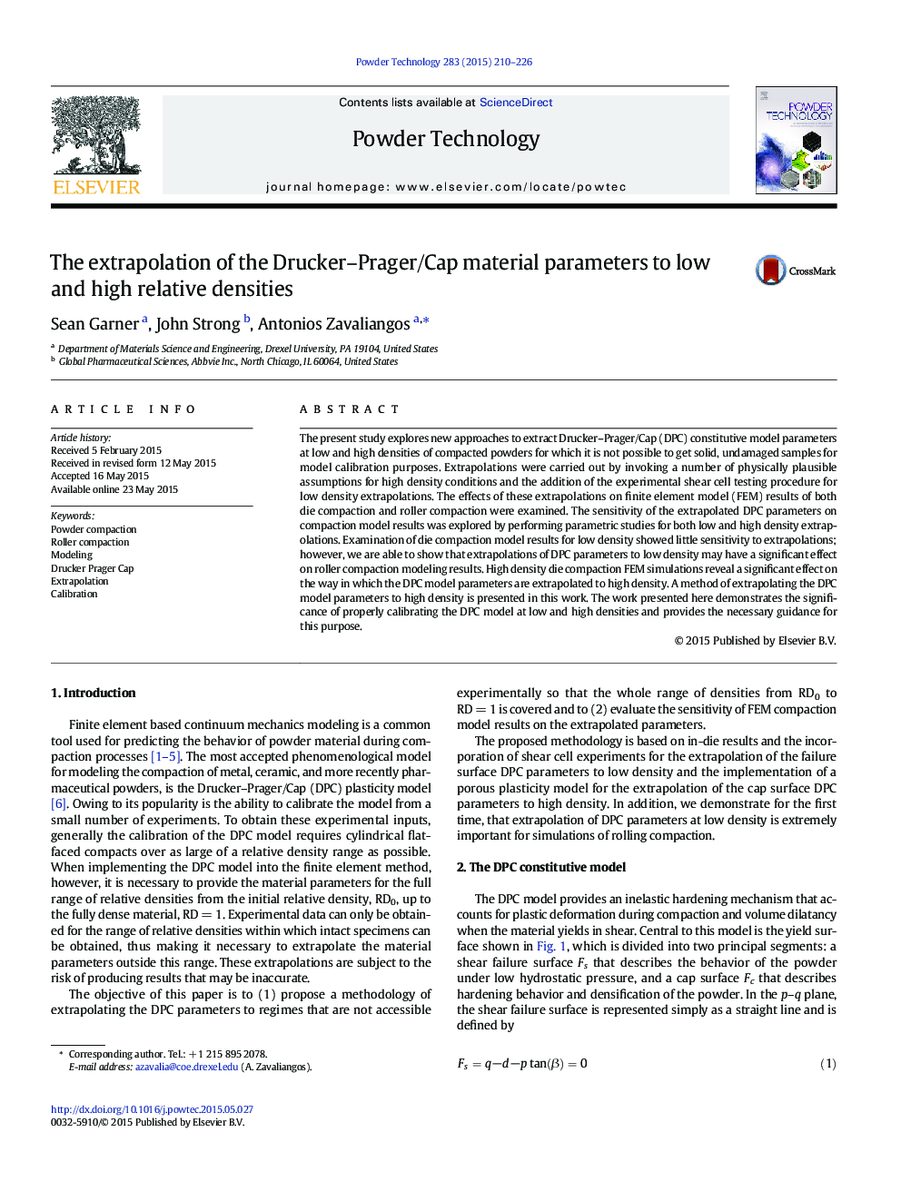 The extrapolation of the Drucker–Prager/Cap material parameters to low and high relative densities