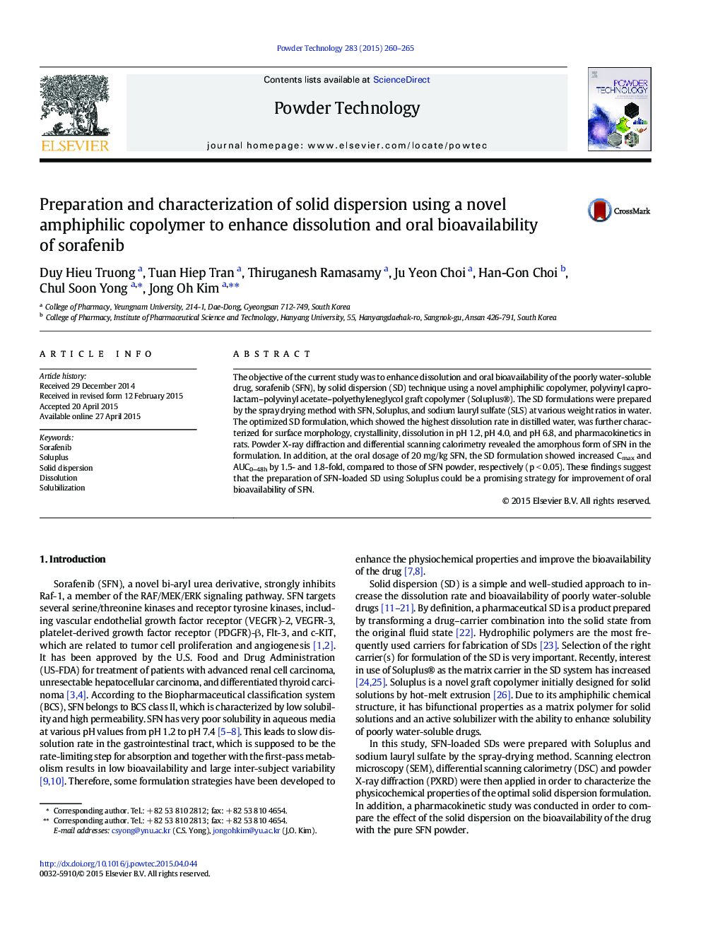 Preparation and characterization of solid dispersion using a novel amphiphilic copolymer to enhance dissolution and oral bioavailability of sorafenib